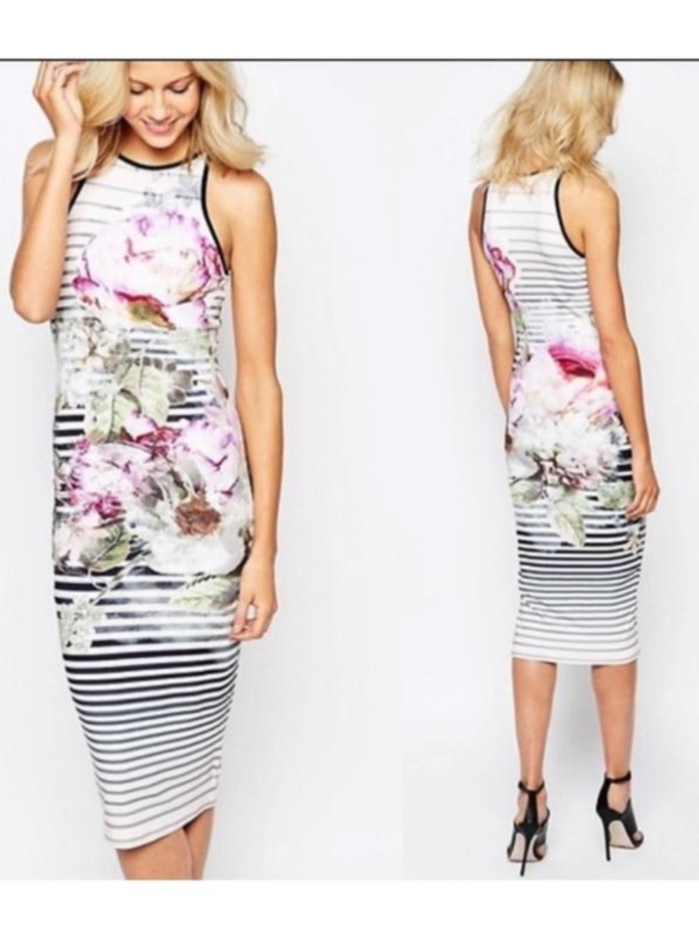 Ted Baker Striped Floral Halter Midi Dress - White/Pink